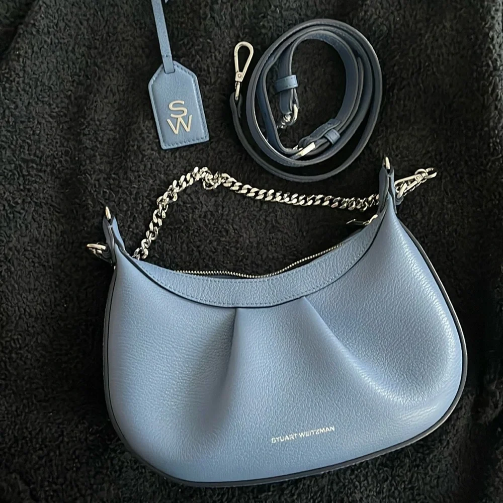 Authentic Stuart Weitzman Stellar Crescent Bag in Blue Steel - Picture 13 of 16